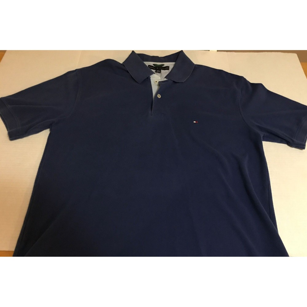 Tommy Hilfiger Polo Shirt Adult Large Blue W/Flag Logo Short Sleeve Mens